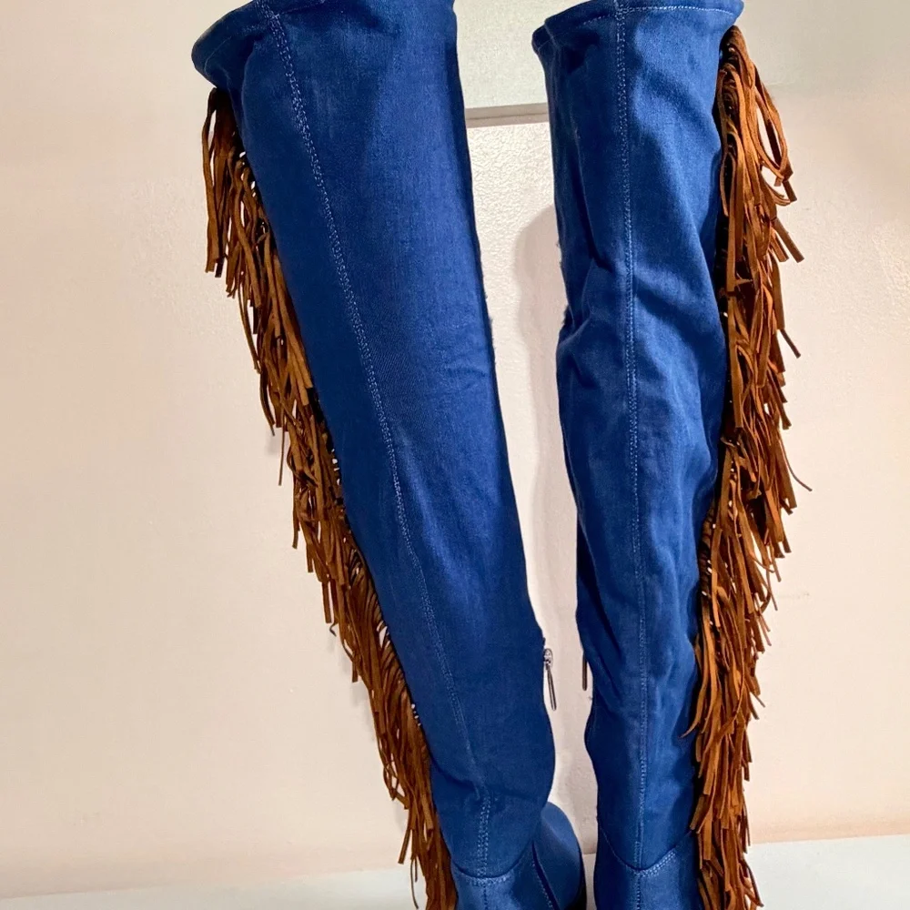Cape Robbin Blue Denim Like Fabric Distressed Patches Fringe Detail OTK Boots